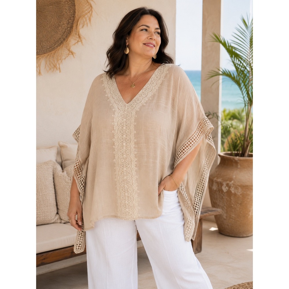 AB Studio Embroidered Lace Caftan‎ Top XXL Boho Beige Poncho Blouse